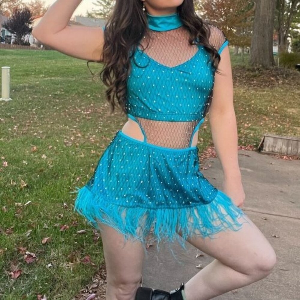 Weissman Elite Rhinestone Mesh Feather Dress Costume in Blue NEW Adult Large